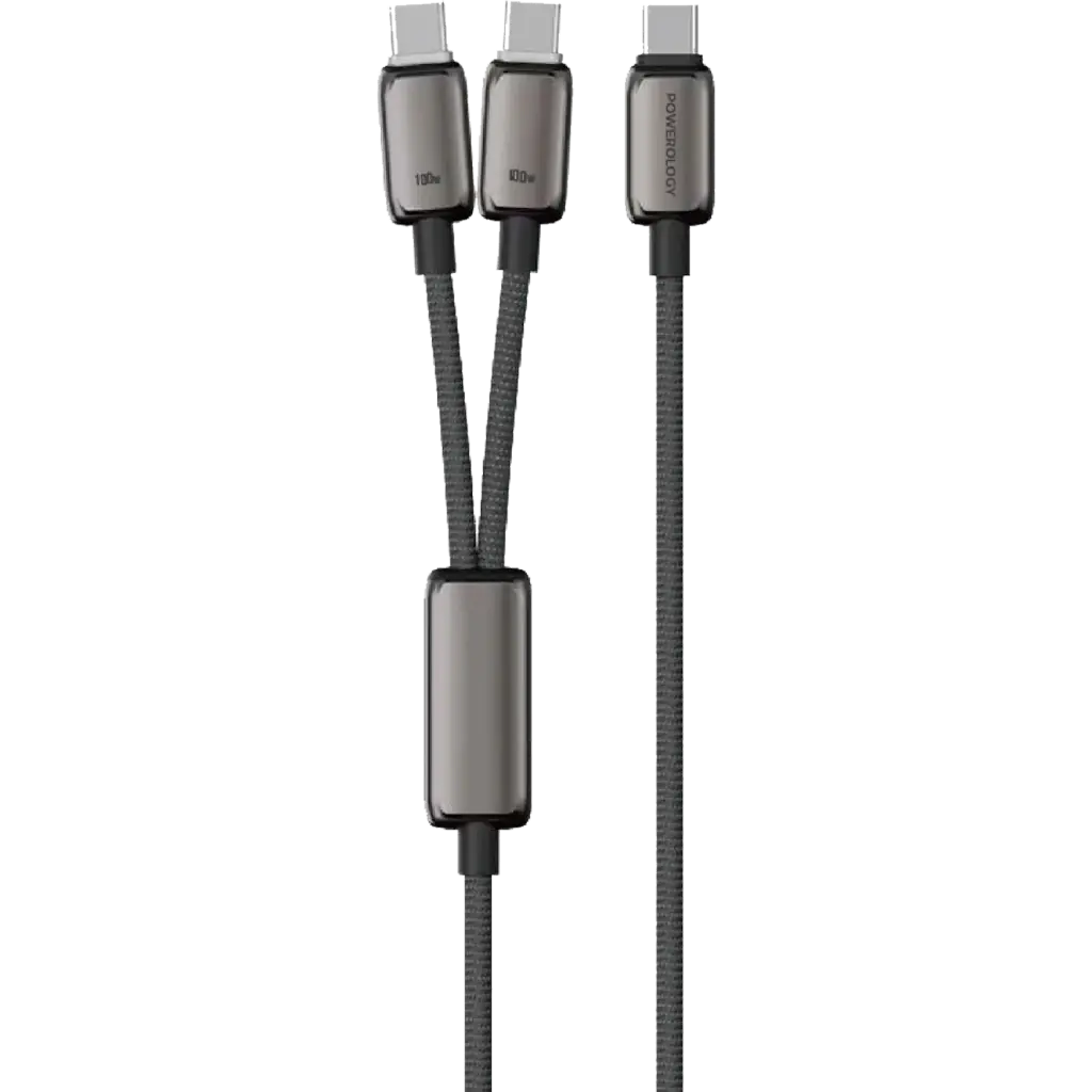 PWDC100DGY کابل 2 به 1 تایپ سی پاورولوژی مدل Powerology Zinco 2-in-1 Dual USB-C Cable توان 100 وات - تصویر 1