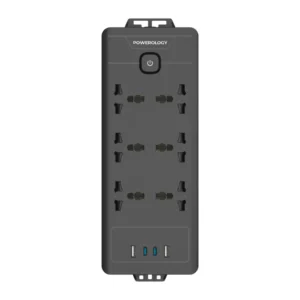 چند راهی برق پاورولوژی 2500 وات مدل Powerology 2500W Power Strip (دارای 6 پریز AC یونیورسال و پورت‌های USB فست شارژ)